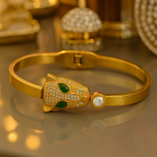 Panther Head Gold Plated Bracelet for Women with Green Enamel & Crystal Detailing | Anti-Tarnish Fashion Jewelry