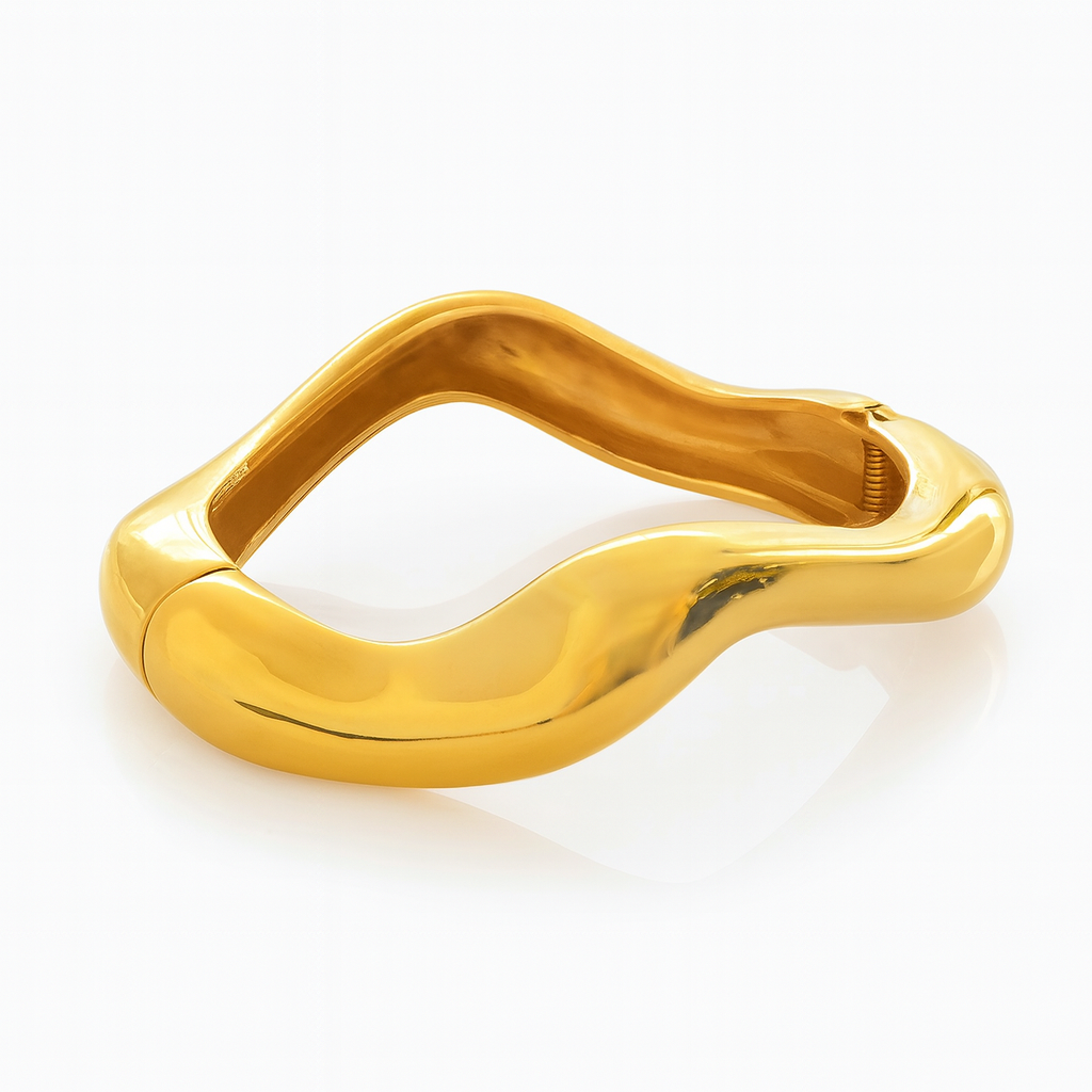 Gold-Plated Liquid Wave Hinged Bangle for Women, Sculptural Statement Cuff, Hypoallergenic & Anti-Tarnish