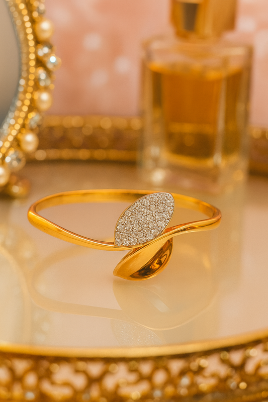 Gold-Plated Marquise Pavé Hinged Bangle for Women, Crystal CZ Center, Hypoallergenic & Anti-Tarnish