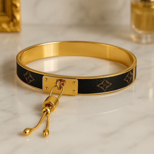 Gold-Plated Hinged Bangle for Women with Faux-Leather Inlay and Bolo Tassel, Hypoallergenic & Anti-Tarnish