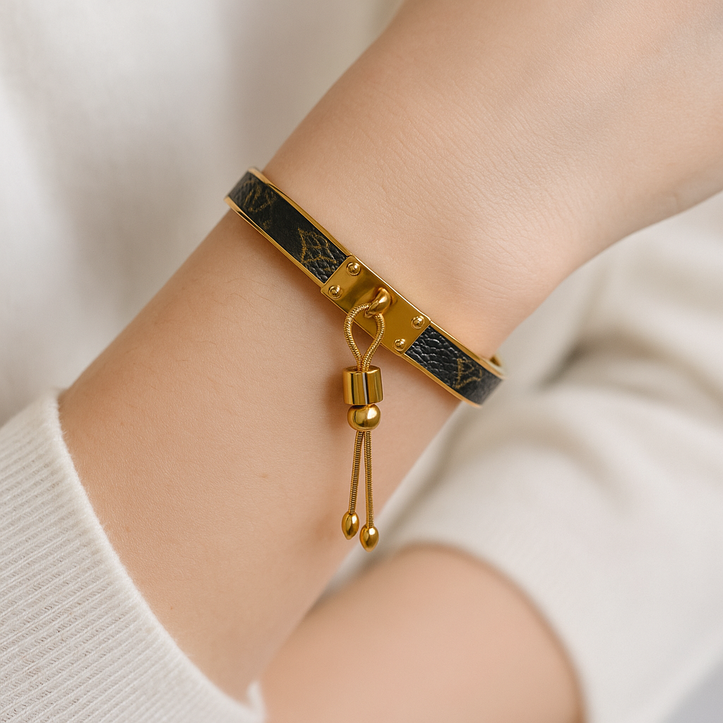 Gold-Plated Hinged Bangle for Women with Faux-Leather Inlay and Bolo Tassel, Hypoallergenic & Anti-Tarnish