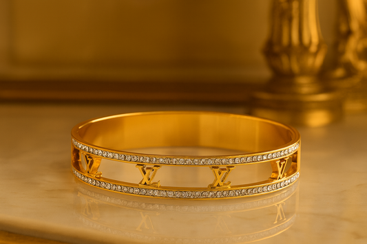 Gold-Plated Openwork Bangle for Women with Twin Crystal Rails, Hypoallergenic & Anti-Tarnish