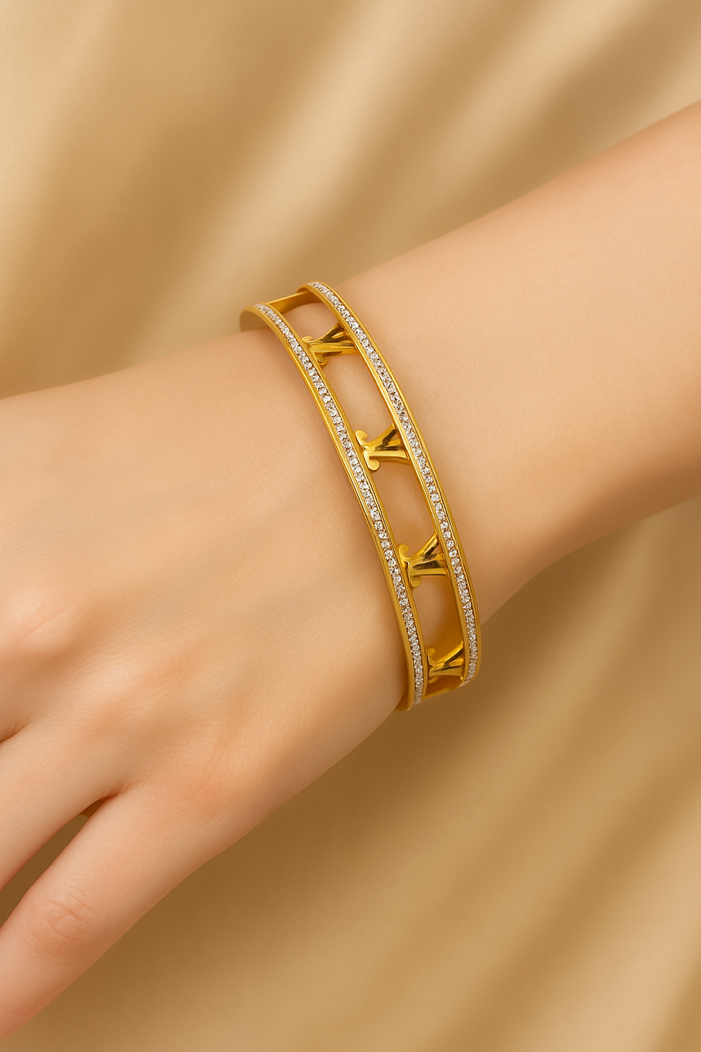 Gold-Plated Openwork Bangle for Women with Twin Crystal Rails, Hypoallergenic & Anti-Tarnish