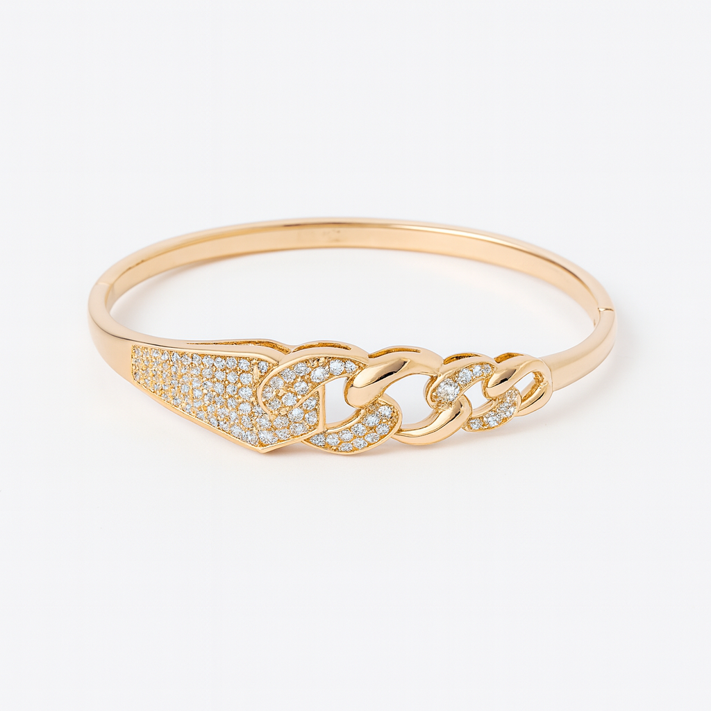Gold-Plated Pavé Link Bangle for Women, Crystal Chain Motif, Hypoallergenic & Anti-Tarnish