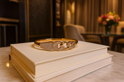 Gold-Plated Pavé Link Bangle for Women, Crystal Chain Motif, Hypoallergenic & Anti-Tarnish