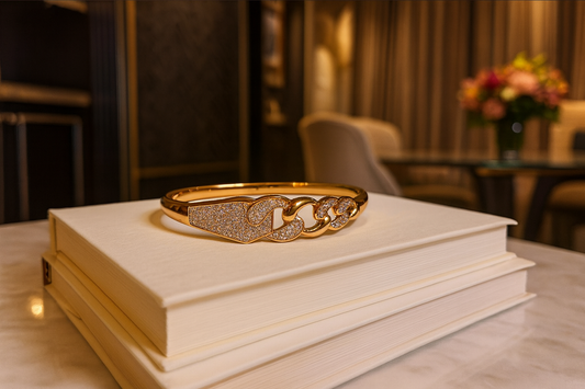 Gold-Plated Pavé Link Bangle for Women, Crystal Chain Motif, Hypoallergenic & Anti-Tarnish