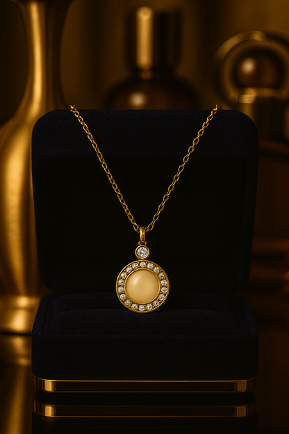 Round Pendant Necklace with Crystal Halo & Mother-of-Pearl Center | Anti-Tarnish Women’s Jewelry