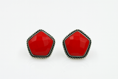 Red Faceted Stone Stud Earrings with Silver-Tone Twisted Border | Elegant Women’s Jewelry