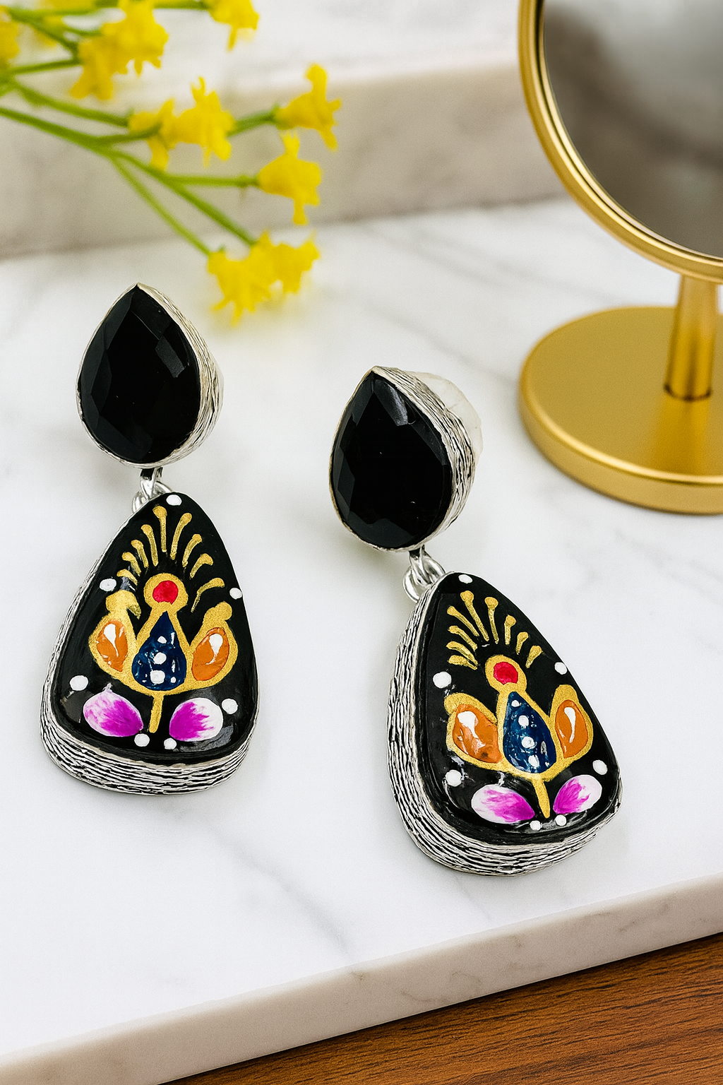 Black Enamel Floral Dangle Earrings