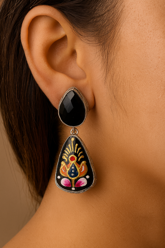 Black Enamel Floral Dangle Earrings