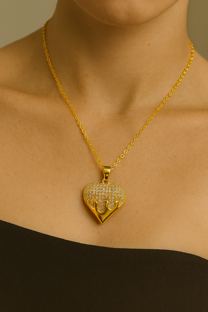 Gold Plated Heart Drip Pendant Necklace with Cubic Zirconia Crystals for Women