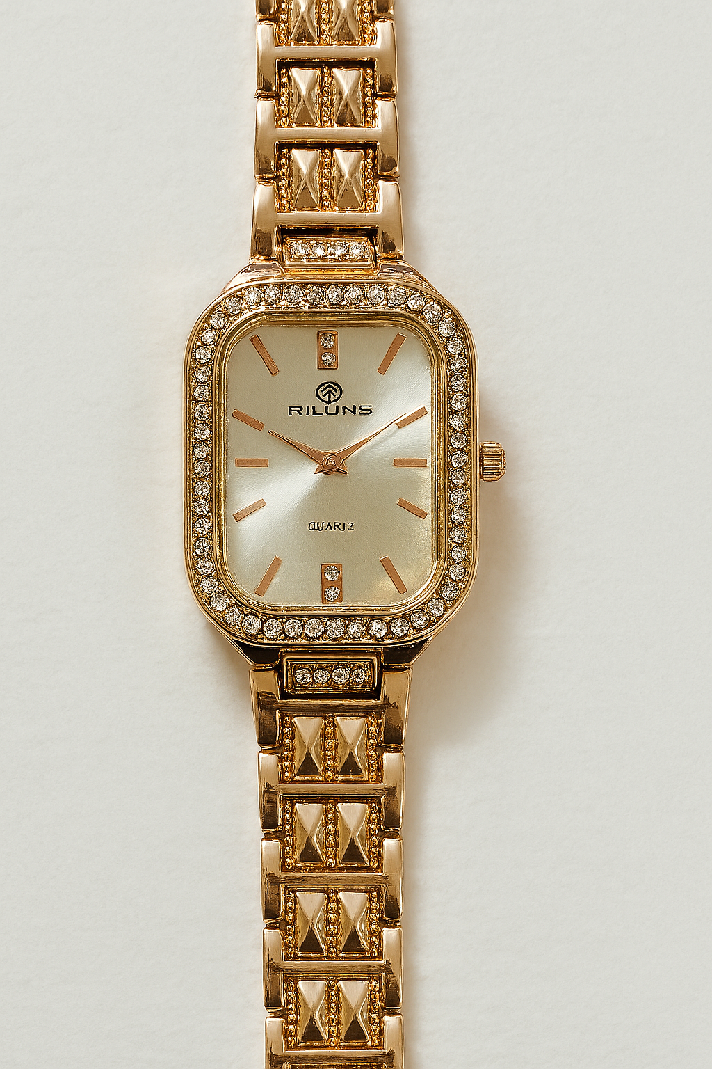 Rose Gold Rectangular Dial Bracelet Watch with Crystal Bezel & Pyramid Strap | Women’s Fashion Wristwatch