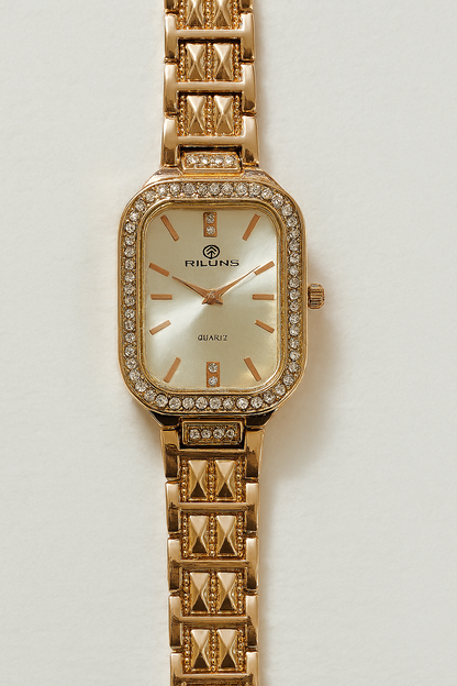 Rose Gold Rectangular Dial Bracelet Watch with Crystal Bezel & Pyramid Strap | Women’s Fashion Wristwatch