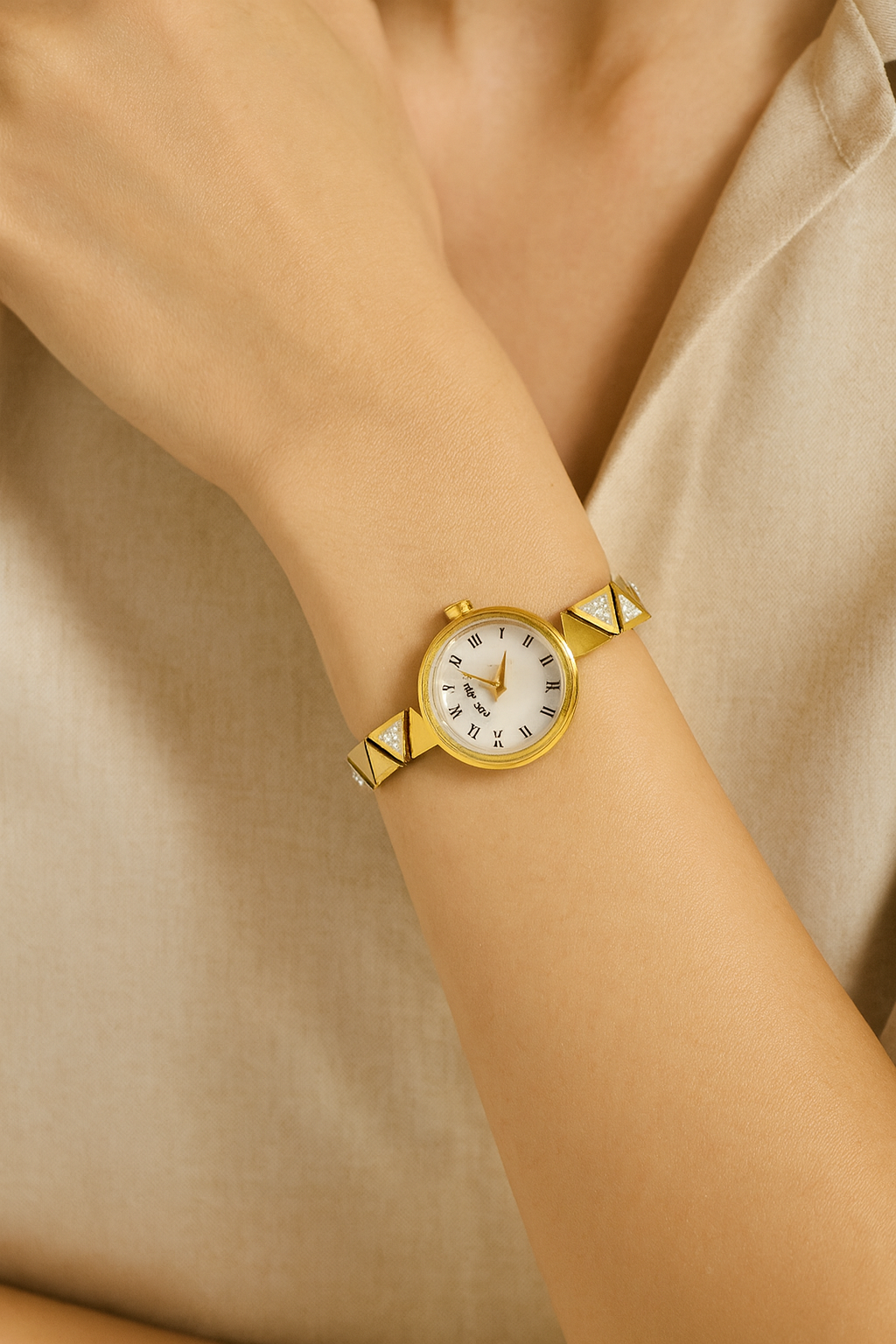 Gold Bracelet Watch with White Roman Dial & Pyramid Crystal Strap | Women’s Fashion Wristwatch