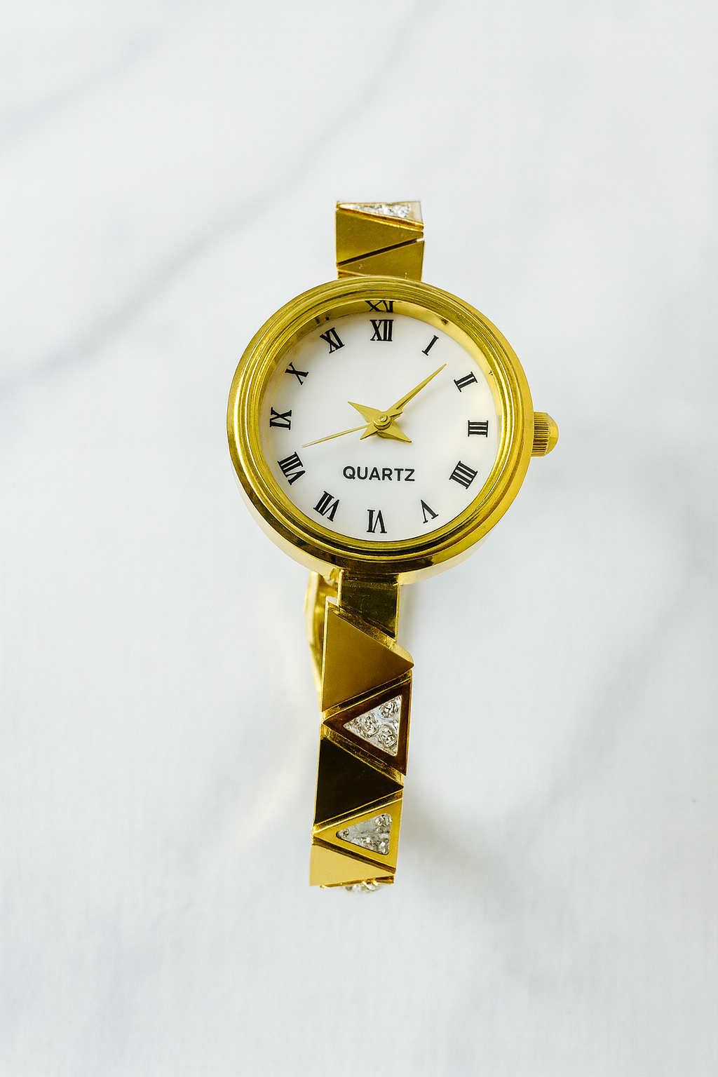 Gold Bracelet Watch with White Roman Dial & Pyramid Crystal Strap | Women’s Fashion Wristwatch