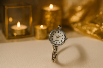 Silver Bracelet Watch with White Roman Dial & Crystal Strap | Elegant Women’s Fashion Wristwatch