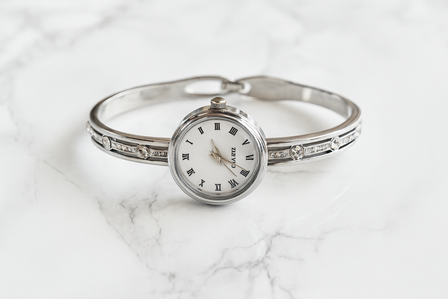 Silver Bracelet Watch with White Roman Dial & Crystal Strap | Elegant Women’s Fashion Wristwatch