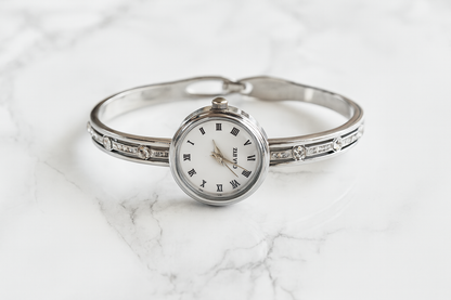 Silver Bracelet Watch with White Roman Dial & Crystal Strap | Elegant Women’s Fashion Wristwatch