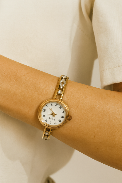 Stainless Steel Gold Bangle Watch with White Roman Dial & Crystal Motif Strap | Women’s Wristwatch