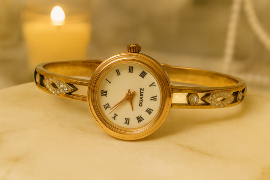 Stainless Steel Gold Bangle Watch with White Roman Dial & Crystal Motif Strap | Women’s Wristwatch