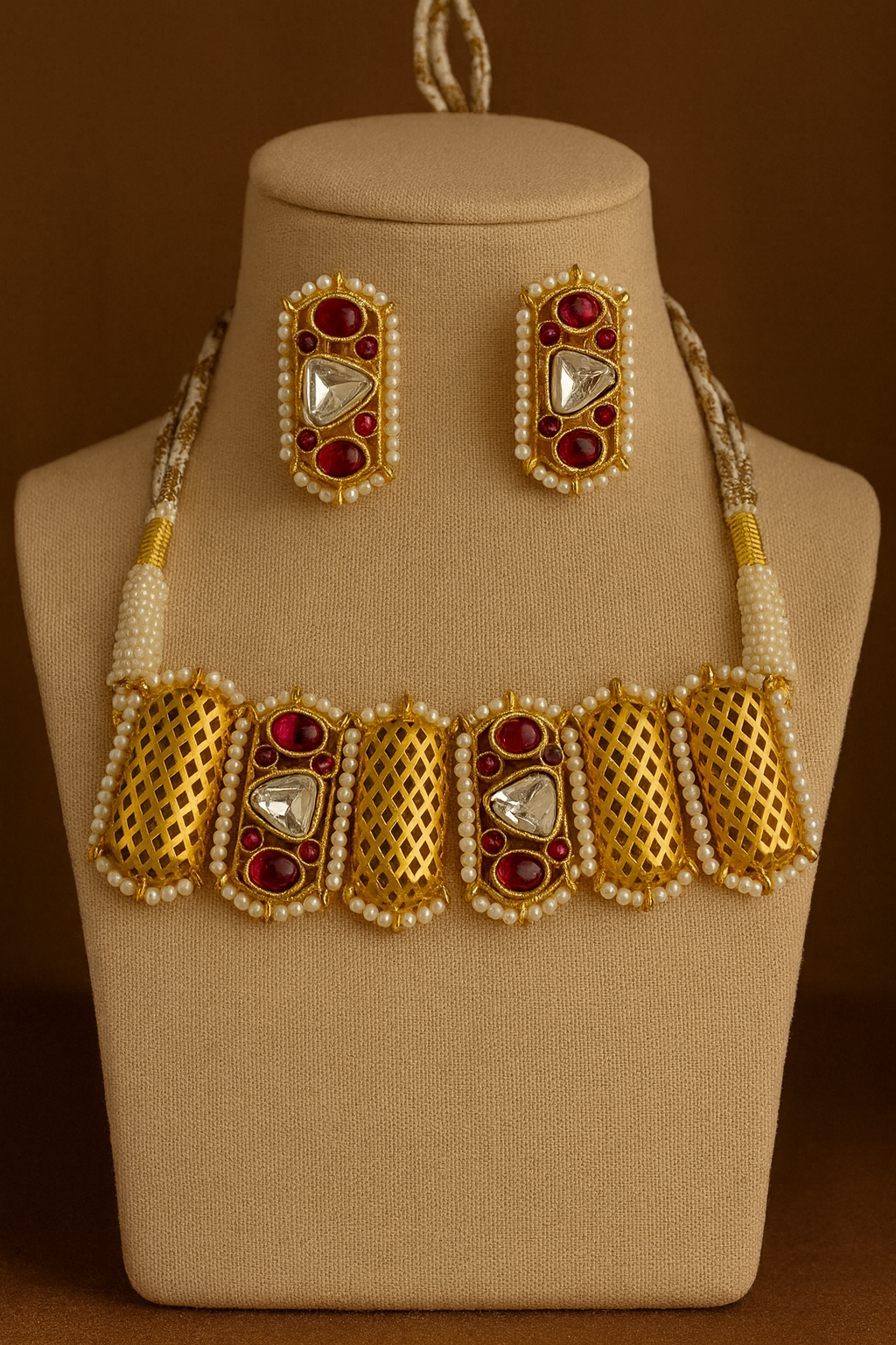 Gold Kundan Necklace Set with Red Stones & Earrings - Pearl Accents