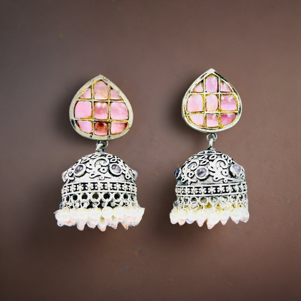 Arshiya Pink Stone Studded Oxidized Jhumka Earrings