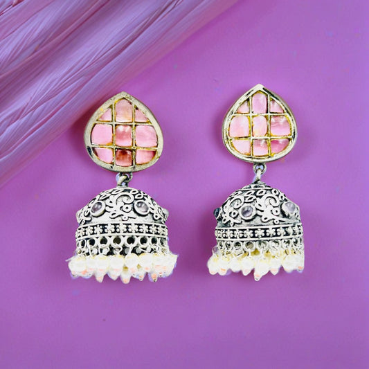 Arshiya Pink Stone Studded Oxidized Jhumka Earrings