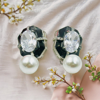 Myrah Elegant Stone & Pearl Black Earrings