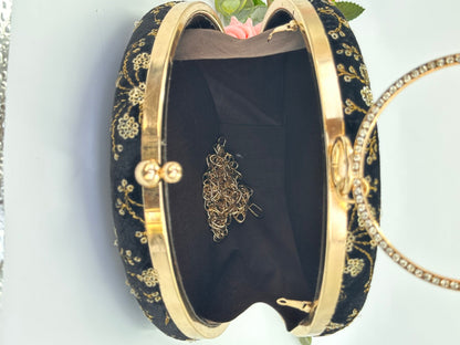 Luxury Black Velvet Round Clutch with Golden Embroidery & Ring Handle – Party & Wedding Bag