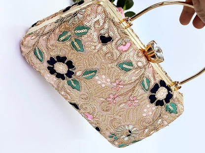 Floral Embroidered Clutch with Gold Sequins and Handle – Wedding & Party Bag
