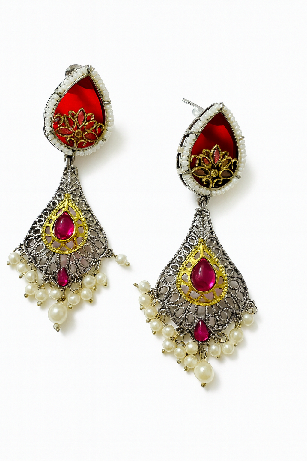 Kundan Teardrop Dangle Earrings with Pearls - Red & Pink Enamel Work