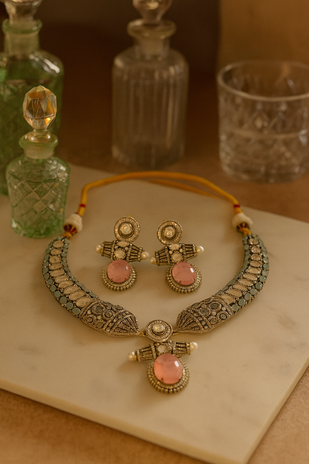 Mossanaite Crystal Necklace Set with Earrings - Pink Stone & Green Accents