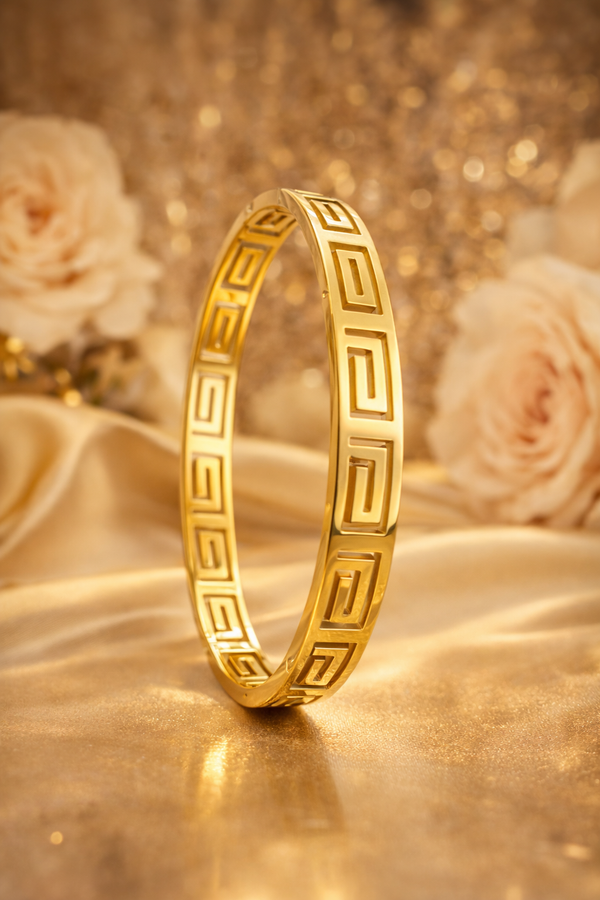 Gold Plated Greek Key Bangle Bracelet for Women | Anti-Tarnish Minimal Statement Jewelry