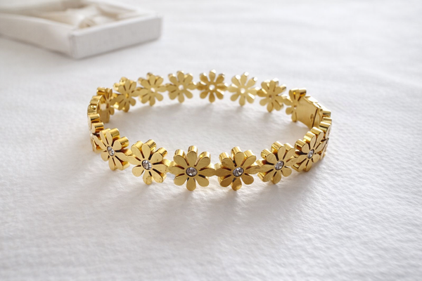 Gold Plated Floral Bracelet with Crystal Accents for Women | Anti-Tarnish Elegant Fashion Jewelry