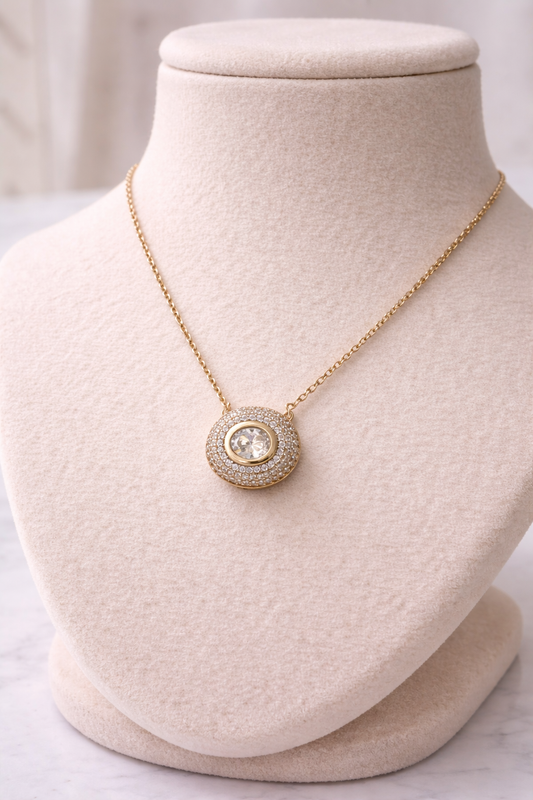 Gold Plated Halo Cubic Zirconia Pendant Necklace for Women