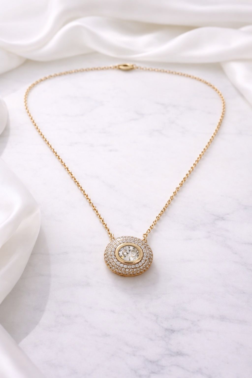 Gold Plated Halo Cubic Zirconia Pendant Necklace for Women