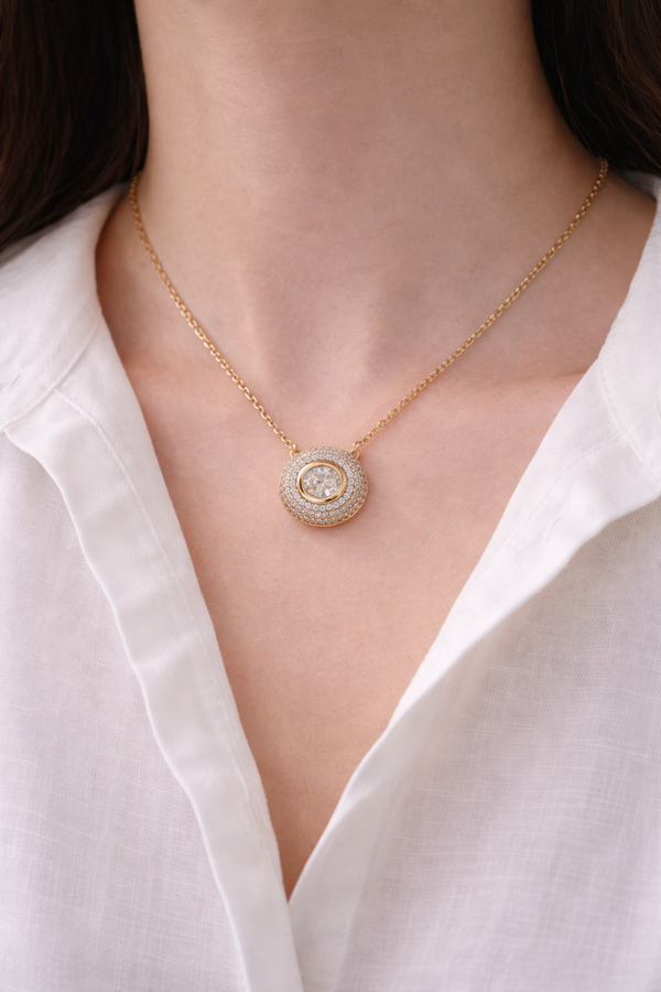 Gold Plated Halo Cubic Zirconia Pendant Necklace for Women