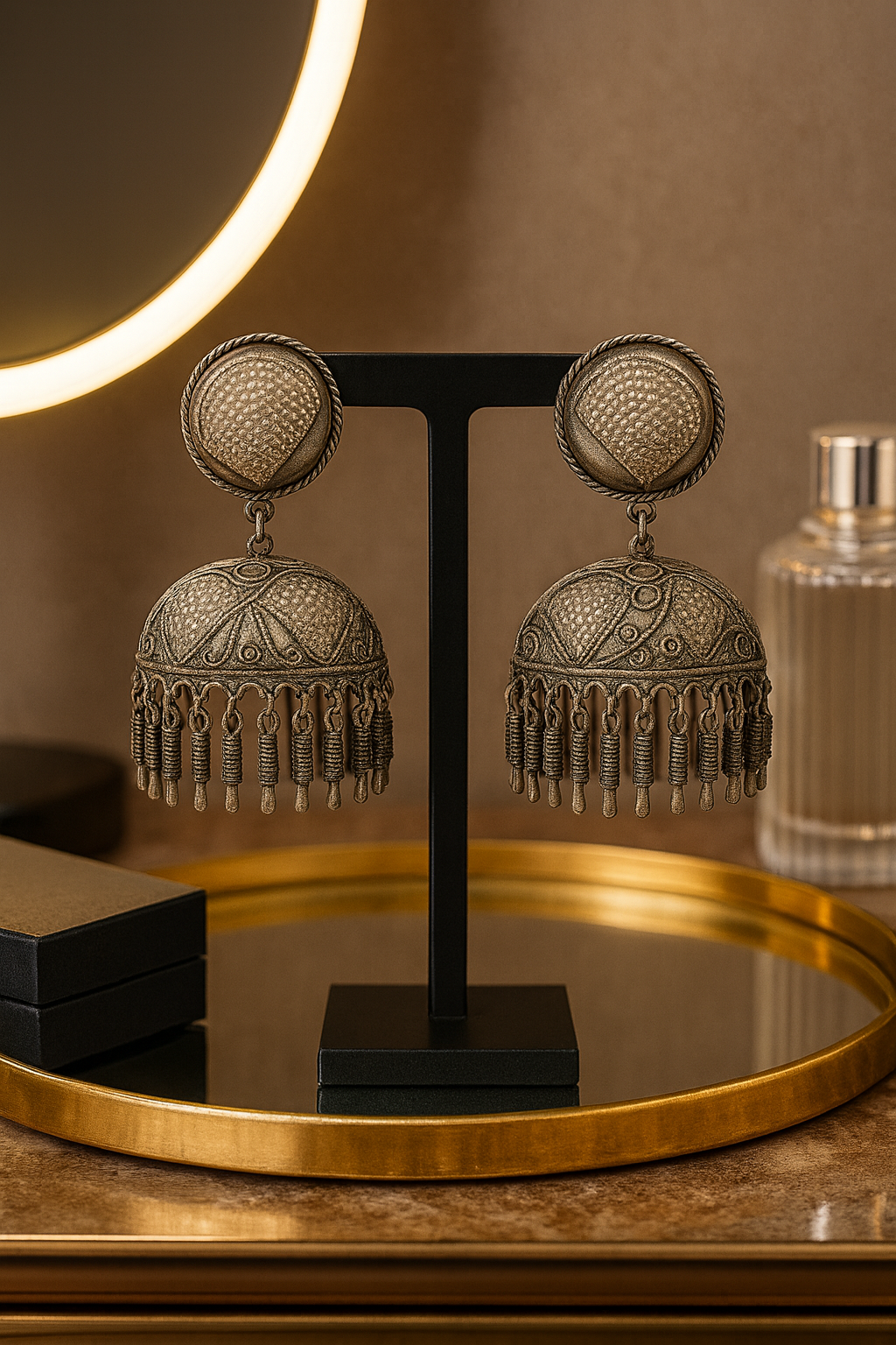 Traditional Oxidised Silver Jhumka Earrings with Dome Design & Dangling Beads – Ethnic Party Jewelry