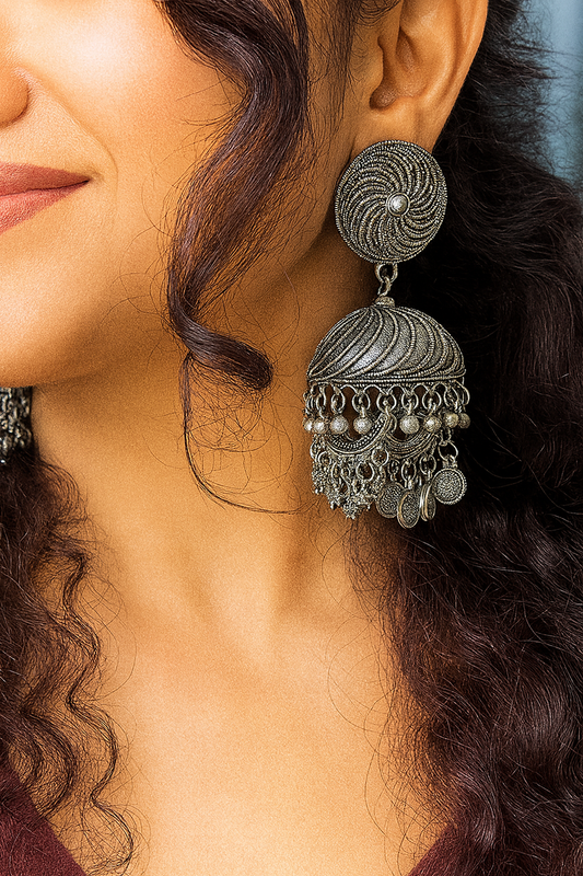 Traditional Oxidised Silver Dome Jhumka Earrings with Coin Danglers – Ethnic Festival & Party Jewelry