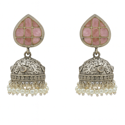 Oxidised Silver Jhumka Earrings with Pink Stone Studs & Pearl Danglers – Ethnic Party Jewelry