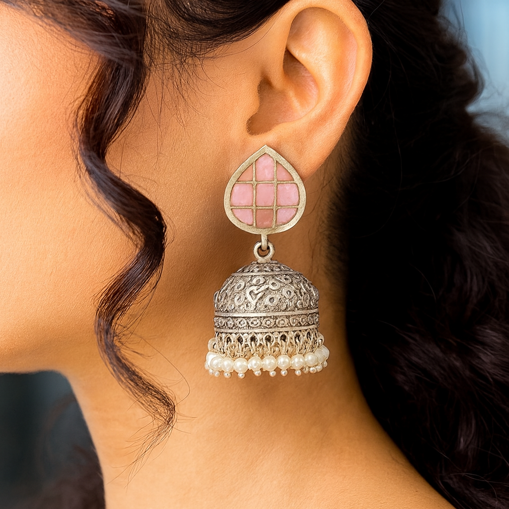Oxidised Silver Jhumka Earrings with Pink Stone Studs & Pearl Danglers – Ethnic Party Jewelry