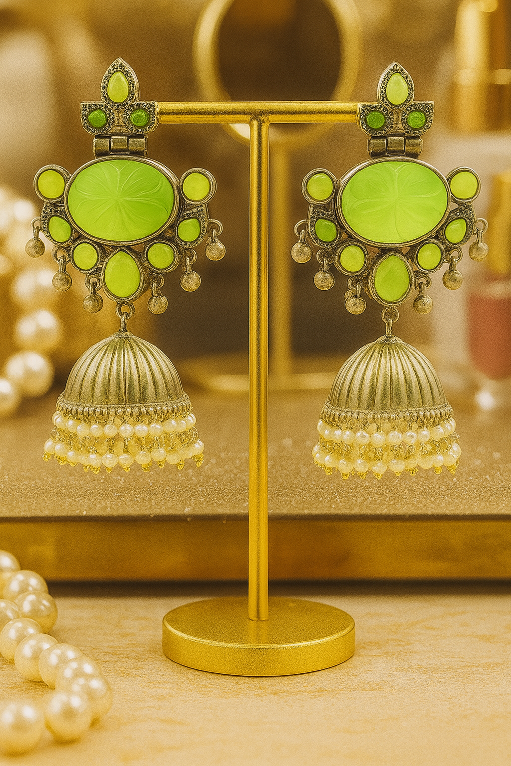 Oxidised Silver Green Stone Jhumka Earrings with Pearl Danglers – Traditional Ethnic Jewelry