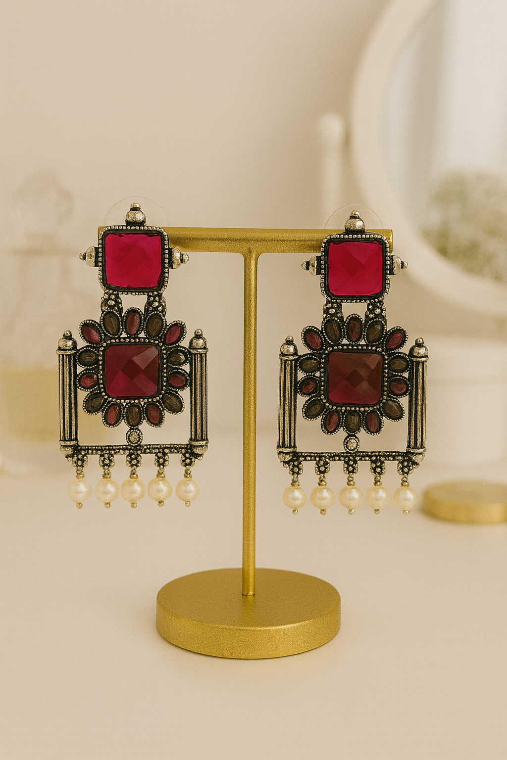 Oxidised Pearl Drop Earrings with Red Stones for Women & Girls