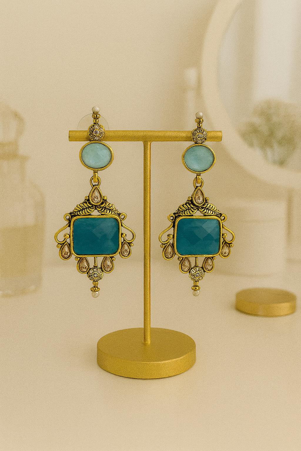 Gold Plated Oxidised Drop Earrings with Aqua Blue Stones for Women
