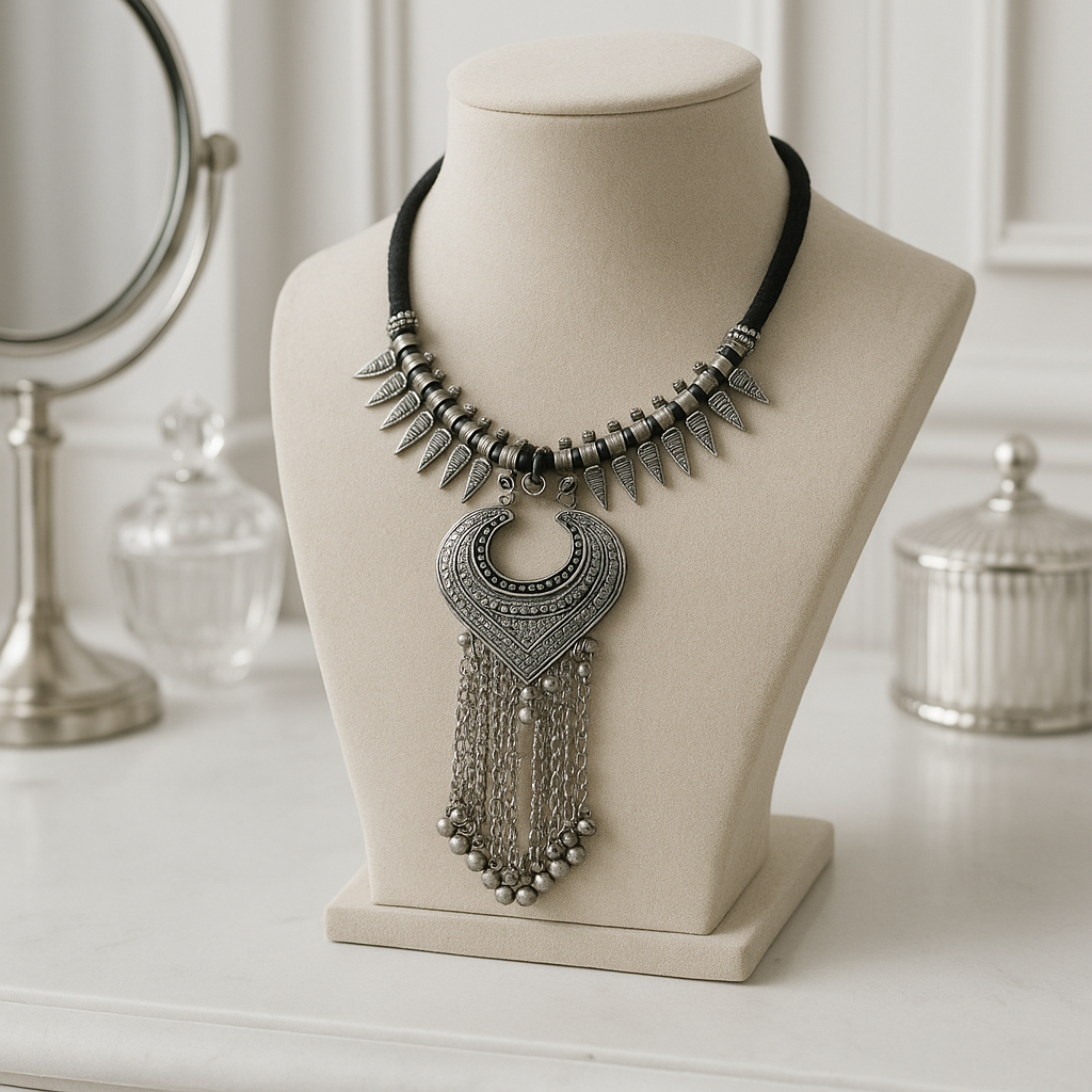 Oxidised Statement Necklace with Crescent Pendant & Tassel Chains for Women & Girls