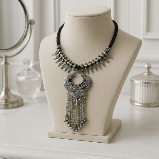 Oxidised Statement Necklace with Crescent Pendant & Tassel Chains for Women & Girls