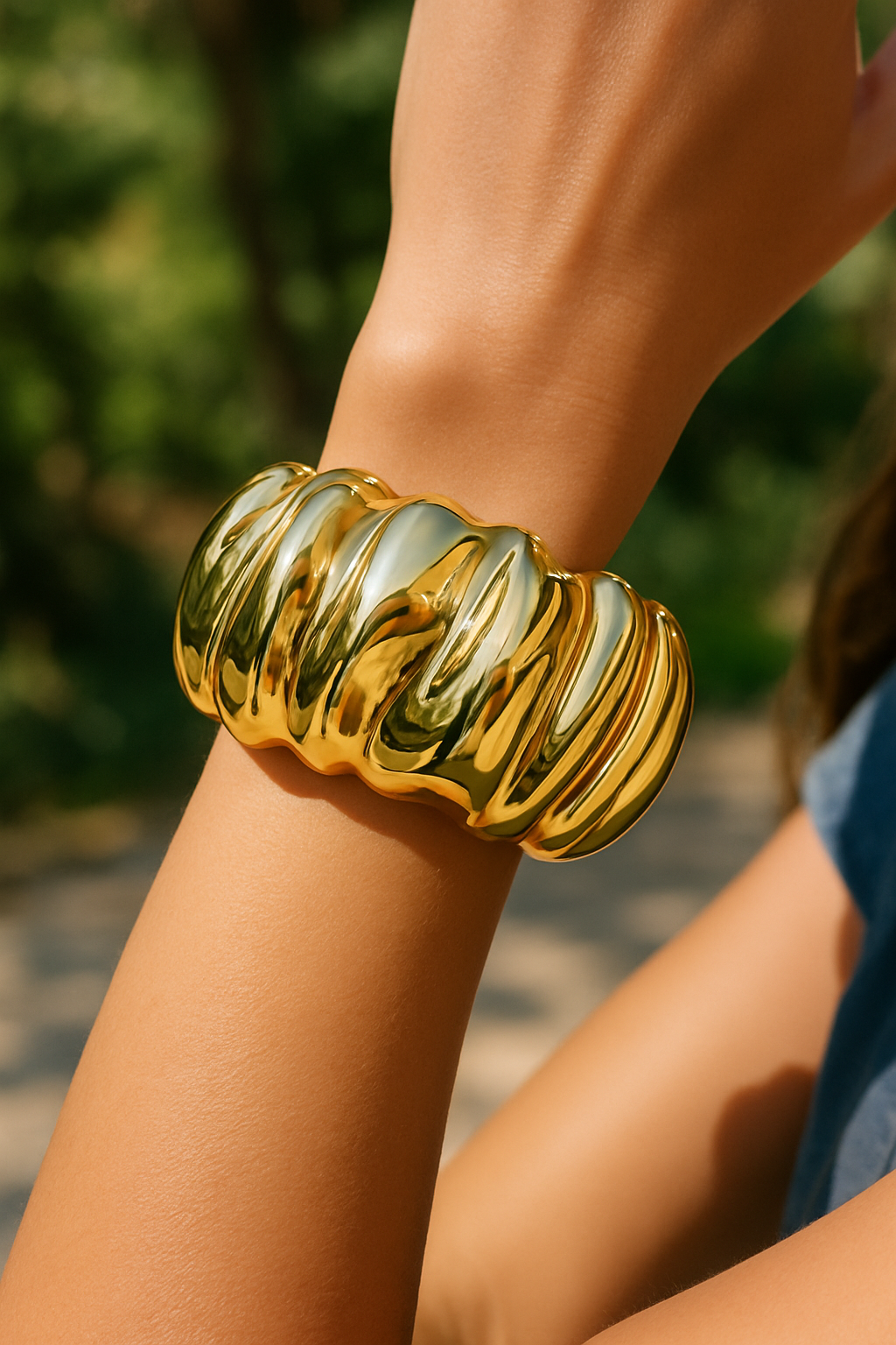 Ripple Texture Gold Plated Bangle Bracelet for Women – Bold Statement Anti-Tarnish Jewelry