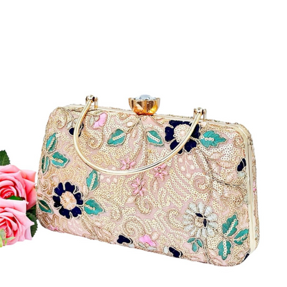 Floral Embroidered Clutch with Gold Sequins and Handle – Wedding & Party Bag