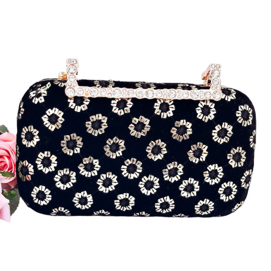 Luxury Black Velvet Clutch with Gold Embroidery & Crystal-Studded Handle – Evening & Party Bag