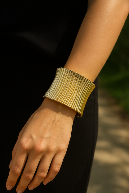 Vertical Ripple Gold Plated Cuff Bracelet for Women – Textured Anti-Tarnish Statement Jewelry